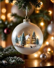 A close-up of a beautifully crafted silver Christmas ornament resting on a polished wooden table. The ornament features intricate frosted designs and delicate glittering patterns. In the background, a