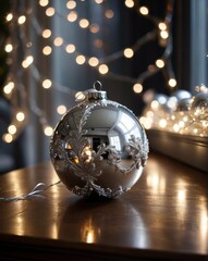 A close-up of a beautifully crafted silver Christmas ornament resting on a polished wooden table. The ornament features intricate frosted designs and delicate glittering patterns. In the background, a