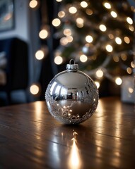 A close-up of a beautifully crafted silver Christmas ornament resting on a polished wooden table. The ornament features intricate frosted designs and delicate glittering patterns. In the background, a