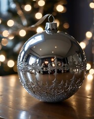 A close-up of a beautifully crafted silver Christmas ornament resting on a polished wooden table. The ornament features intricate frosted designs and delicate glittering patterns. In the background, a