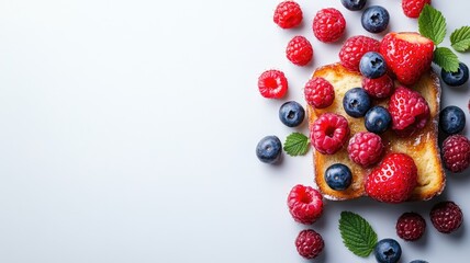Toast topped with fresh raspberries, blueberries, and strawberries, garnished green leaves