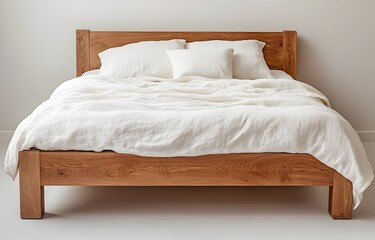 Wooden Bed Frame with White Linen Bedding