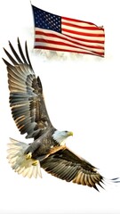 Obraz premium Bald Eagle Soaring with American Flag in Background