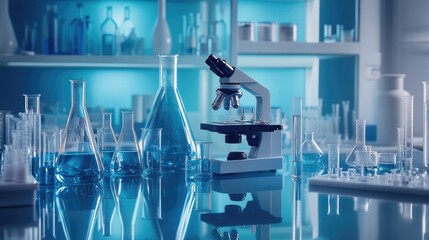 Laboratory Equipment with Microscope and Flasks