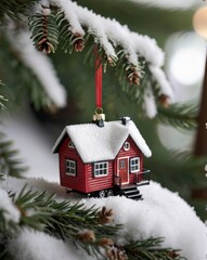 A close-up of a beautifully crafted silver Christmas ornament resting on a polished wooden table. The ornament features intricate frosted designs and delicate glittering patterns. In the background, a