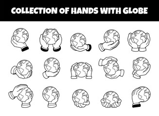 Hands with globe outline vector illustration set