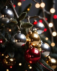 A close-up of a beautifully crafted silver Christmas ornament resting on a polished wooden table. The ornament features intricate frosted designs and delicate glittering patterns. In the background, a
