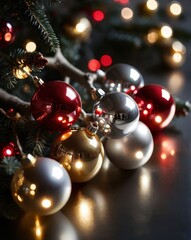 A close-up of a beautifully crafted silver Christmas ornament resting on a polished wooden table. The ornament features intricate frosted designs and delicate glittering patterns. In the background, a