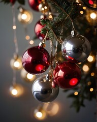 A close-up of a beautifully crafted silver Christmas ornament resting on a polished wooden table. The ornament features intricate frosted designs and delicate glittering patterns. In the background, a