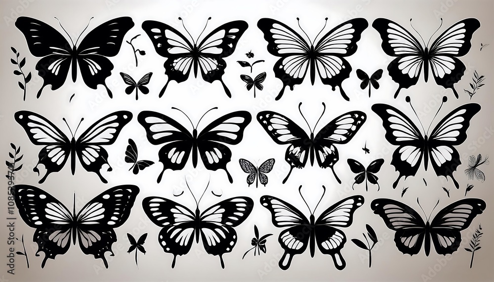 Poster  A set of butterflies in silhouette style on a white background for various uses including p_1(144)