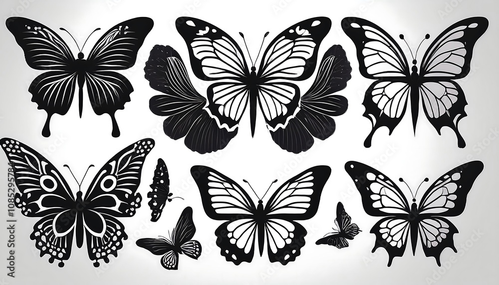 Poster a set of butterflies in silhouette style on a white background for various uses including p_1(145)