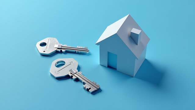 3D illustration of silver keys with house model on blue paper, real estate concept, top view banner background.

