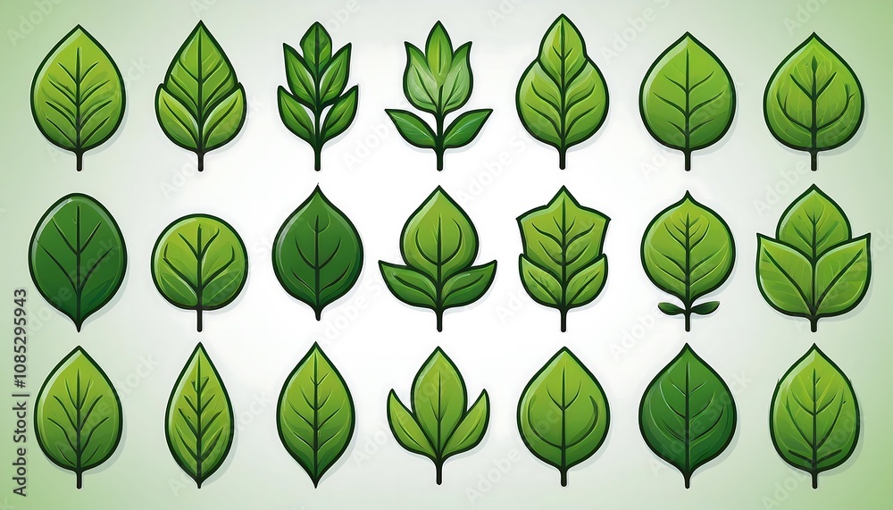 Poster a set of green leaf icons includes leaves on a white background with a collection suitable _1(147)