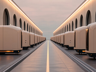 Fototapeta premium Ultra modern architecture featuring sleek, futuristic pods aligned in minimalist setting. serene atmosphere is enhanced by soft lighting and reflective surfaces