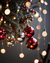 A close-up of a beautifully crafted silver Christmas ornament resting on a polished wooden table. The ornament features intricate frosted designs and delicate glittering patterns. In the background, a