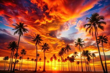 Fototapeta premium Stunning Fiery Sunset Silhouette with Lush Palm Trees - Tropical Paradise Background for Relaxation and Travel Themes