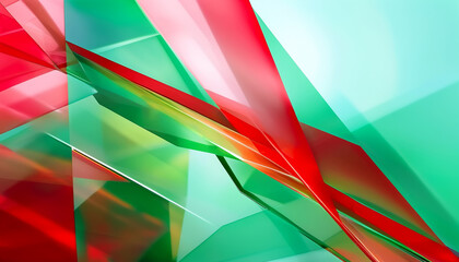Colorful abstract shapes intertwine in a dynamic composition of reds and greens