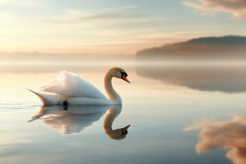 A majestic swan glides gracefully on a tranquil lake, reflecting the early morning's soft light and misty surroundings.