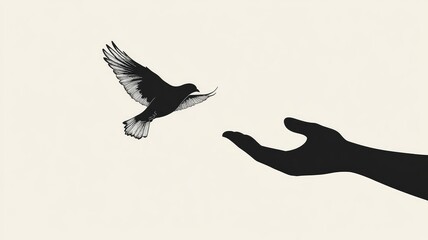Fototapeta premium Silhouette of bird flying towards outstretched hand against plain background