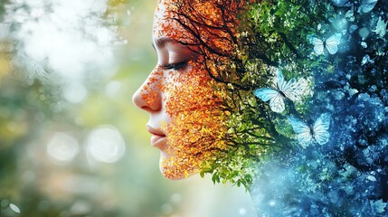 The four seasons are depicted in a single face, one frame, and single tree using generative AI. idea of nature. An image created digitally 