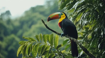 Fototapeta premium Colorful Toucan Perched in Tropical Tree Canopy