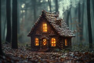 A whimsical gingerbread house with glowing windows sits in an enchanted forest, surrounded by mist, evoking a fairytale ambiance and cozy warmth.