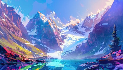 Obraz premium A Vivid Mountain Landscape with a Still Lake in the Foreground