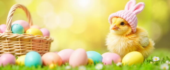 Obraz premium Adorable chick in bunny hat with Easter eggs in spring setting