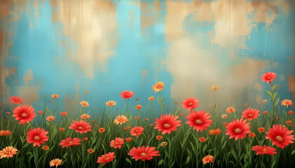 Obraz premium Vibrant orange flowers blooming against a textured blue and brown background in springtime