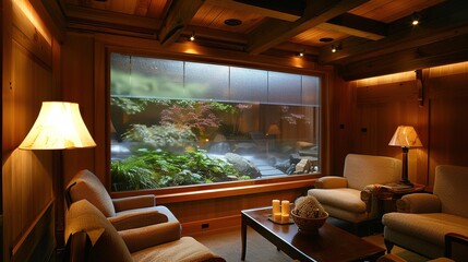 Naklejka premium Subterranean Living Space with Exposed Brick Walls, Soft Ambient Lighting, and Potted Plant - Evoking a Trendy Urban Dwelling Atmosphere