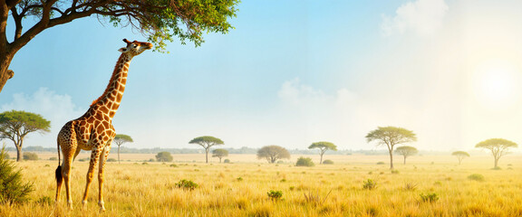 Fototapeta premium Giraffe reaching for leaves in sunny African savanna landscape