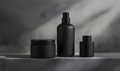 Fototapeta premium Black Cosmetic Containers Arranged On Gray Surface