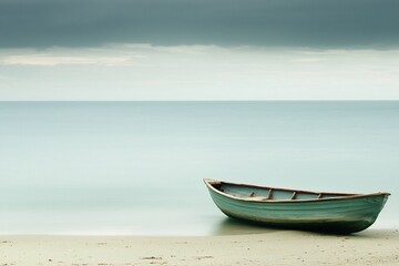 Naklejka premium Solitary Boat on a Serene Beach Under a Moody Sky