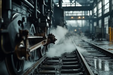 Steam billows around a vintage locomotive, capturing the drama and nostalgia of classic railroading in an atmospheric train depot.