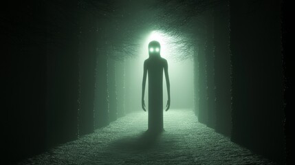 Obraz premium Shadowy Figure in Moonlit Dark Forest - Ultra-Detailed Dark Fantasy 3D Render with Glowing Eyes and Contrast Between Light and Shadow