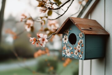 A charming birdhouse with floral designs hangs amidst blooming cherry blossoms, capturing the essence of spring's renewal and beauty.