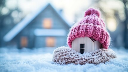 Wintertime home with a model of a house wearing a knitted cap, a heating system concept, and frigid snowy conditions