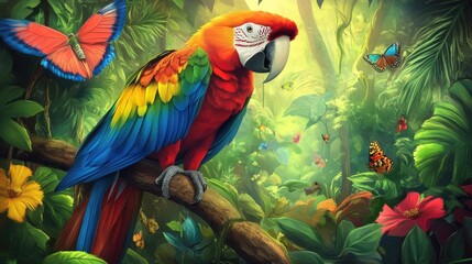 Fototapeta premium Colorful Rainforest Scene with Diverse Wildlife