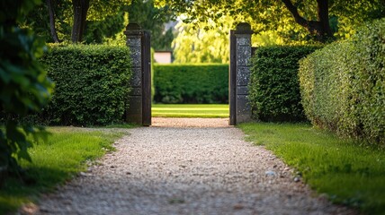 Fototapeta premium Scenic garden pathway lined with hedges, leading through ornate gate