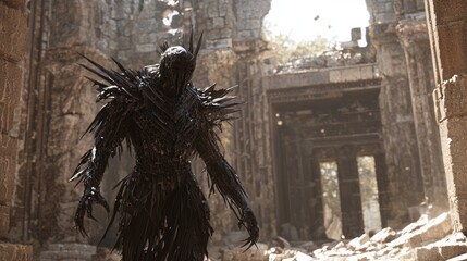 Fototapeta premium Shadowy Malevolent Presence in Decaying Temple Ruins - Ultra-Detailed Dark Fantasy 3D Render