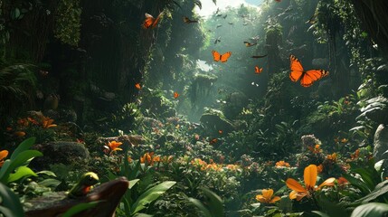 Vibrant Rainforest Scene with Colorful Butterflies