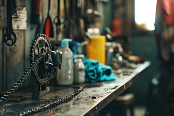 A workshop bench filled with tools, chains, and oil creates an atmosphere of industrious work and craftsmanship.