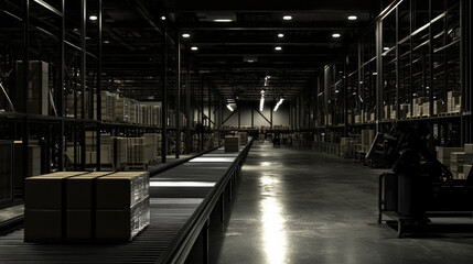 Efficient warehouse interior with packaging conveyor and stacked boxes, showcasing modern logistics environment. dim lighting adds sense of depth and organization