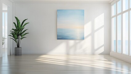 A spacious minimalist living room with white walls, a single large painting depicting a calm ocean horizon in pastel hues, sunlight reflecting gently off polished wooden floors, creating peaceful vibe
