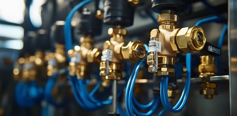 Industrial Valves and Blue Tubing System Closeup