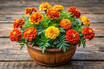 Fototapeta premium Vibrant Orange and Yellow Marigolds in Terracotta Pot on Wooden Surface Outdoors - Nature's Beauty Unveiled