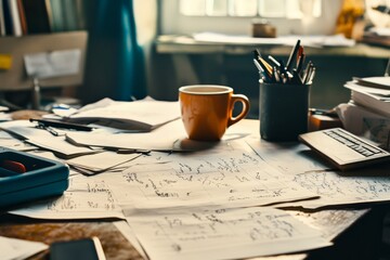 A messy desk teems with papers and pens, adorned with a coffee cup under soft morning light from a window.