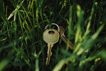 Shiny brass keys lie hidden in dewy grass, symbolizing mystery, discovery, and the start of a new journey.
