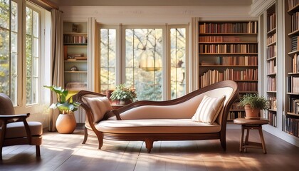  A vintage chaise lounge sits in a quiet reading area with soft, muted hues that evoke a_1(197)