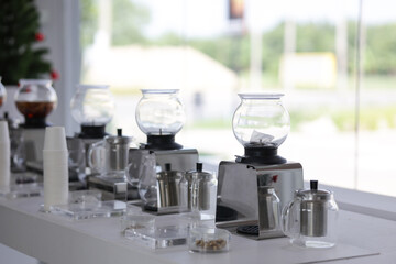 A set of glassware for making tea is placed on the table. A modern tea set for tea lovers. 